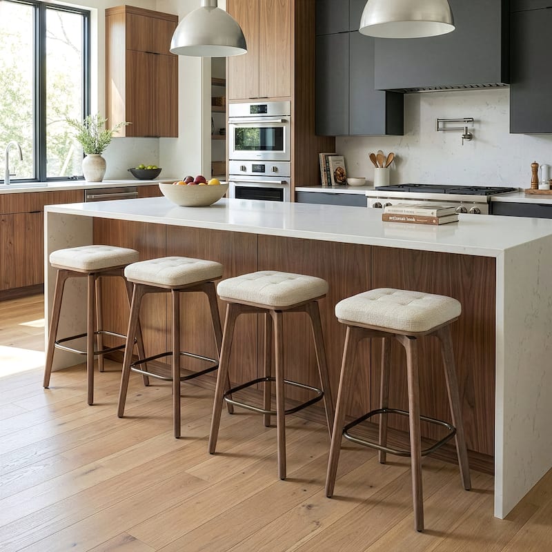 Set of 2 Beckham Beige Woven Fabric Backless Counter Stool with Natural Wood Legs