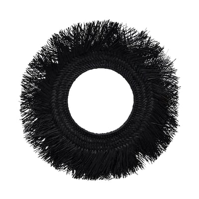 Round Straw Mirror with Frayed Trim, Black