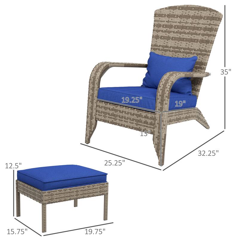Patio Wicker Adirondack Chair Set with Ottoman, Outdoor Fire Pit Chair with Cushions, High-Back, Large Seat and Armrests