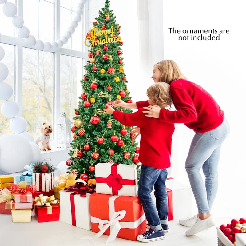 Gymax 6.5ft Pre-Lit Pencil Christmas Tree Hinged PVC Tree w/ 250
