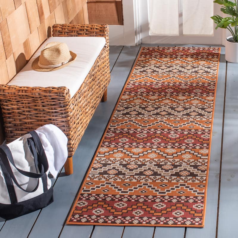 SAFAVIEH Veranda Rudy Indoor/ Outdoor Waterproof Patio Backyard Rug - 2'3" x 8' Runner - Red/Chocolate