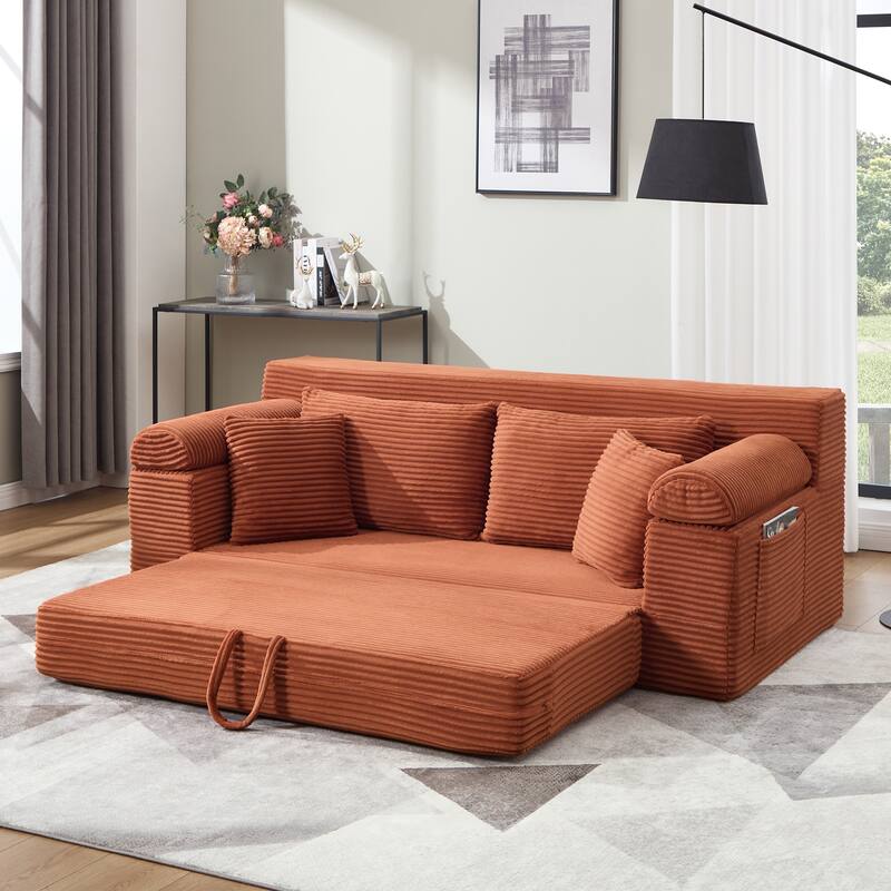 78" W Convertible Sleeper Sofa Bed Corduroy Loveseat with Pillows