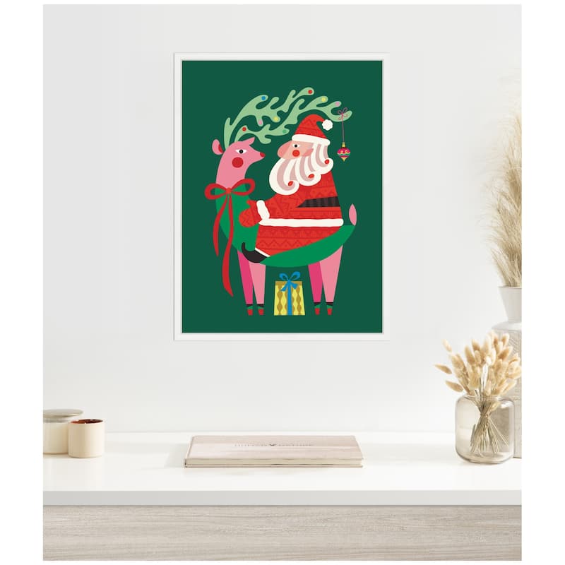 Kate and Laurel Framed Canvas Santa and Reindeer by Rachel Lee