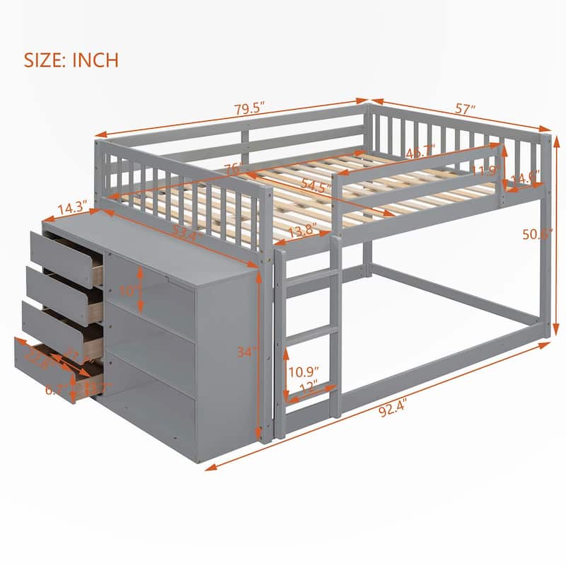 Full over Full Bunk Bed with 4 Drawers and 3 Shelves
