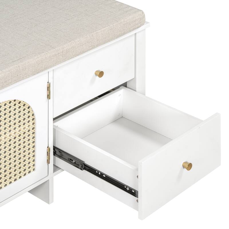 Wood Frame Bench with Shoe Storage, Shoe Bench with Rattan Arched Door and 2 Drawers Entryway Fabric Upholstered Bench