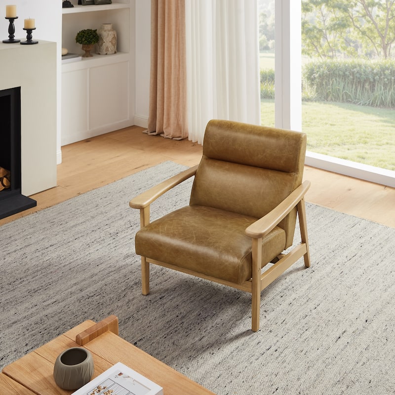 Modern Genuine Leather Accent Armchair with Natural Solid Wood Frame