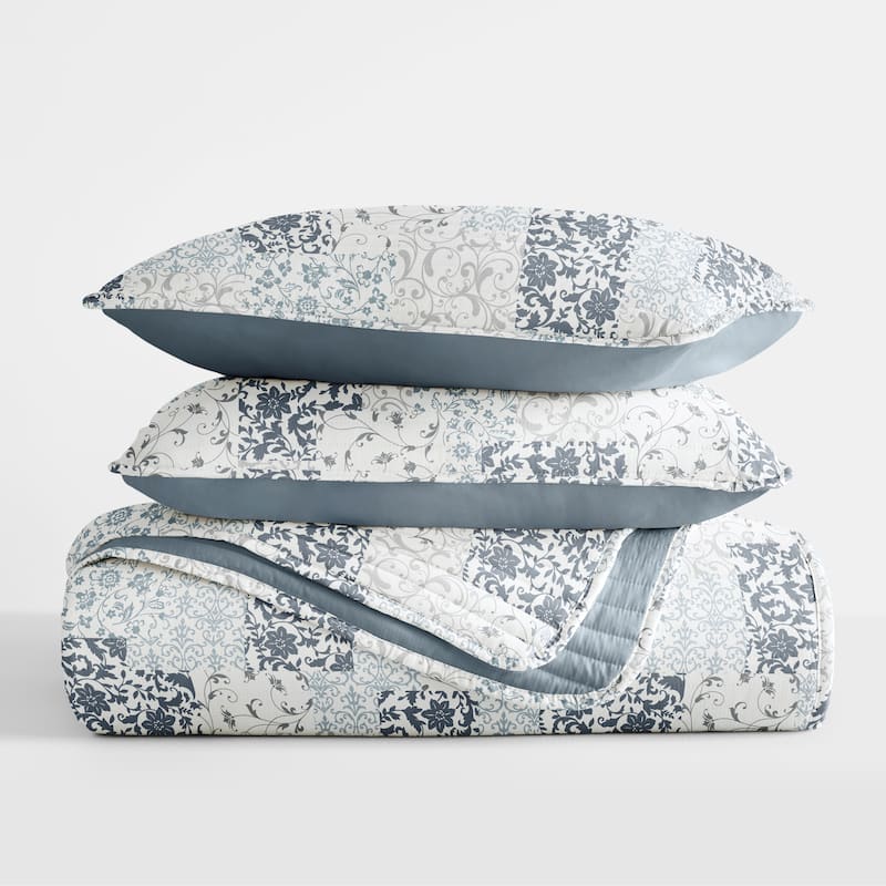 Becky Cameron All Season 3 Piece Scrolled Patchwork Reversible Quilt Set with Shams - Dusk Blue - Queen