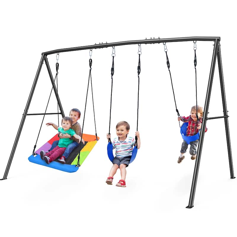 440lbs Kids Swing Sets for Backyard with 3 Swings, Outdoor Metal Swingset - N/A