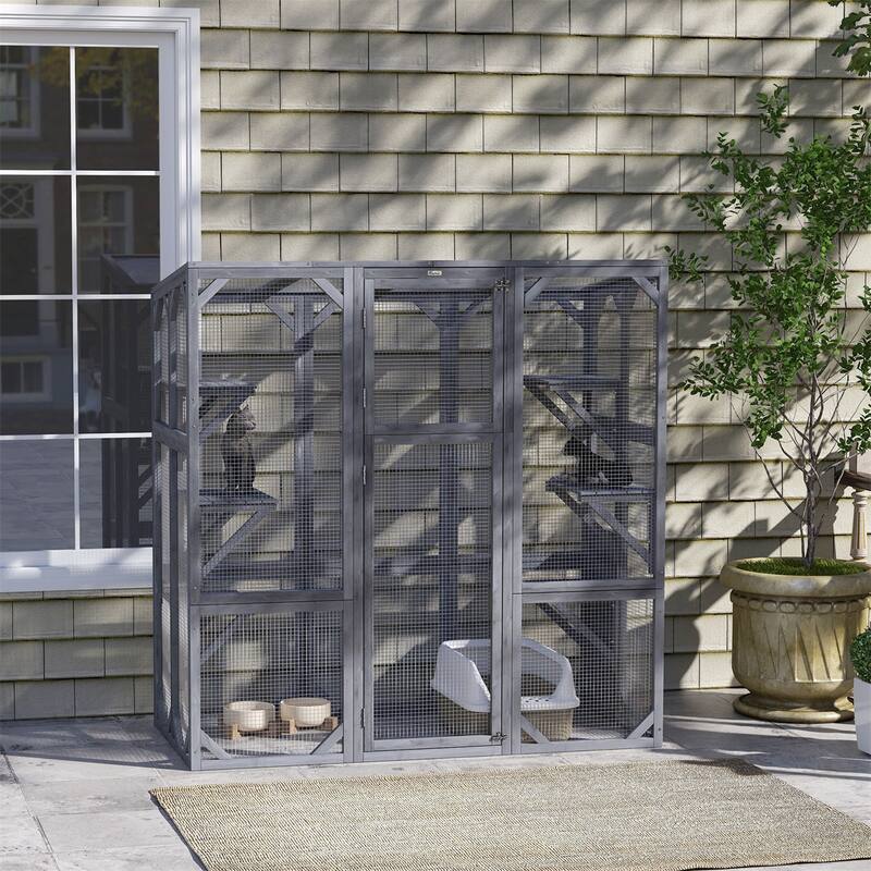 Freestanding Catio for 1 to 3 Cats with 6 Jumping Platforms Durable Fir Wood Gray Indoor Outdoor Enclosure - Grey