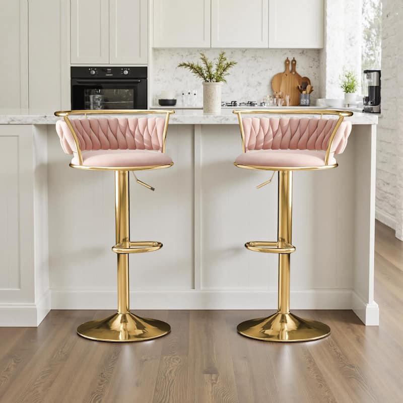 Velvet Upholstered Adjustable Bar Stool Swivel Counter Chair Set of 2 - Pink/Gold - Set of 2
