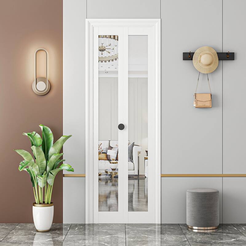 80 in.Double 1 Lite Mirrored Folding Bi-Fold Sliding Barn Door With Installation Hardware Kit - Pink