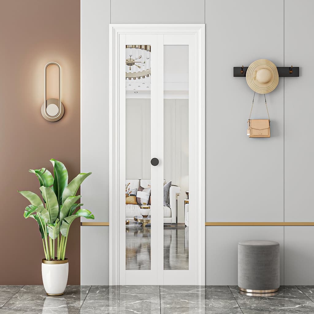 80 in.Double 1 Lite Mirrored Folding Bi-Fold Sliding Barn Door With Installation Hardware Kit