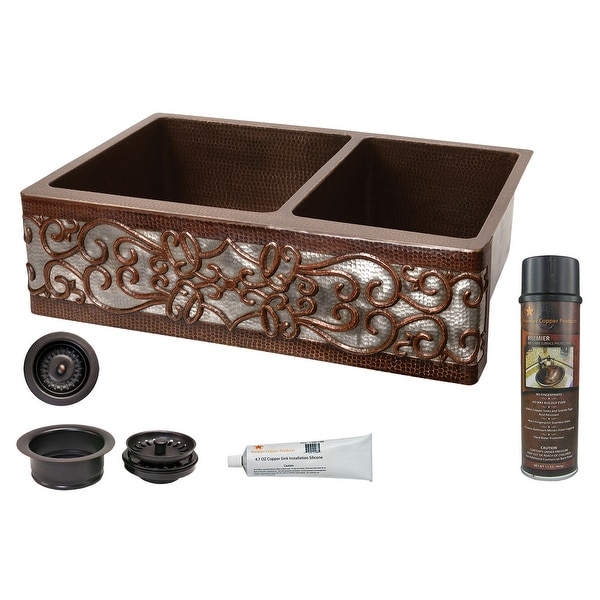 Premier Copper Products KSP3_KA60DB33229S-NB Scroll Design 33" Hammered Copper 60/40 Double Basin Farmhouse Kitchen Sink with