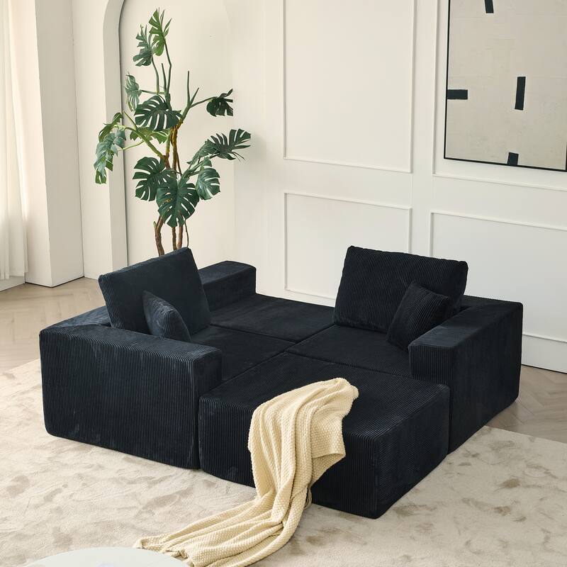 Modular L Shaped Sectional Sofa with Ottoman, Corduroy Boneless Cloud Sofa, 3 Seater Upholstered Sofa with 2 Pillows