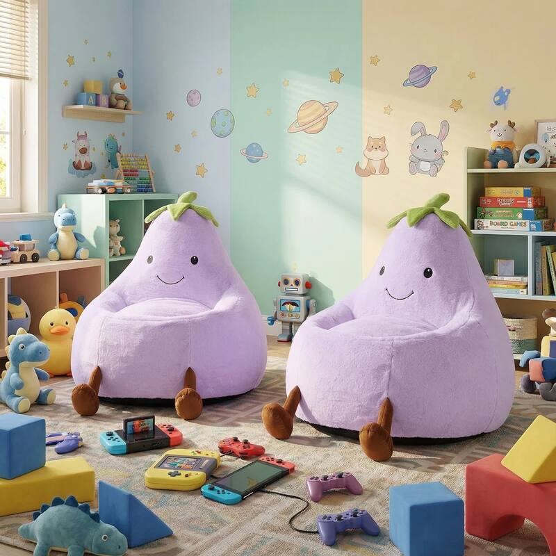 Kids Eggplant Bean Bag Chair and Crash Pad Lounger Seat for Gaming, Reading and Watching TV for Toddlers and Children's Rooms