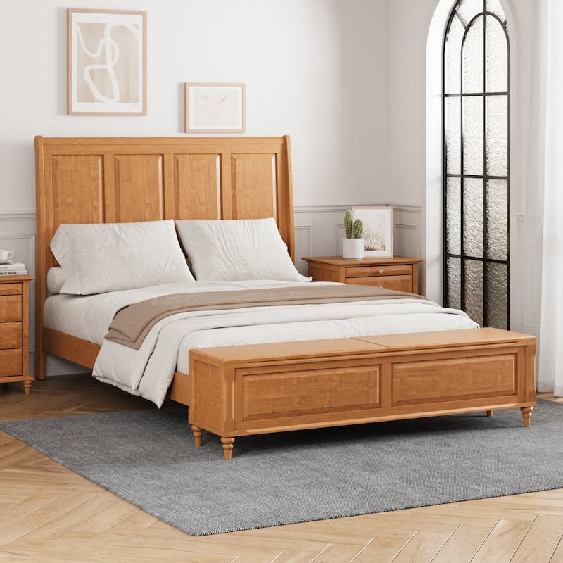 GDFStudio - Traditional Solid Wood Sleigh Bed Frame with High Paneled Headboard & Storage Chest Bench, No Box Spring Needed