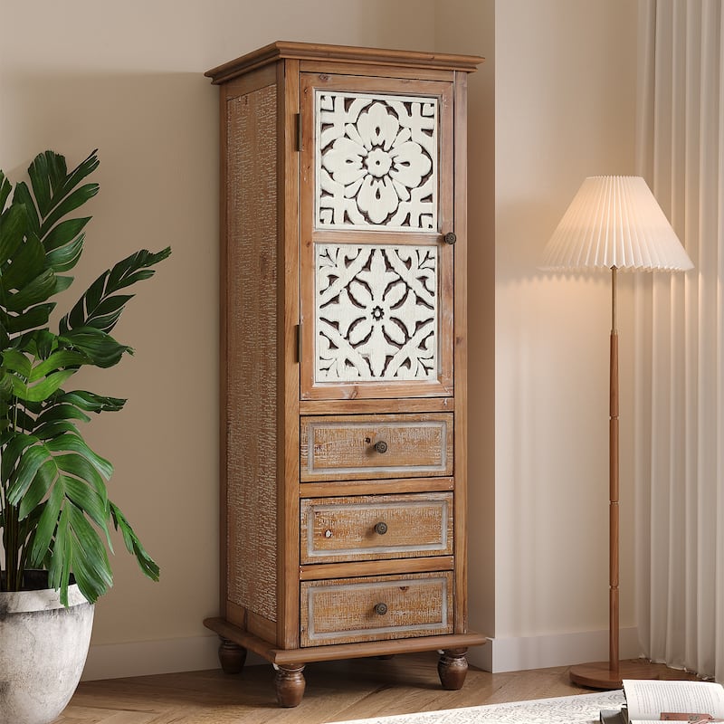 Rustic Wooden Storage Cabinet with Decorative Cutout Door & 3 Drawers, Tall Narrow Organizer for Living Room, Bedroom