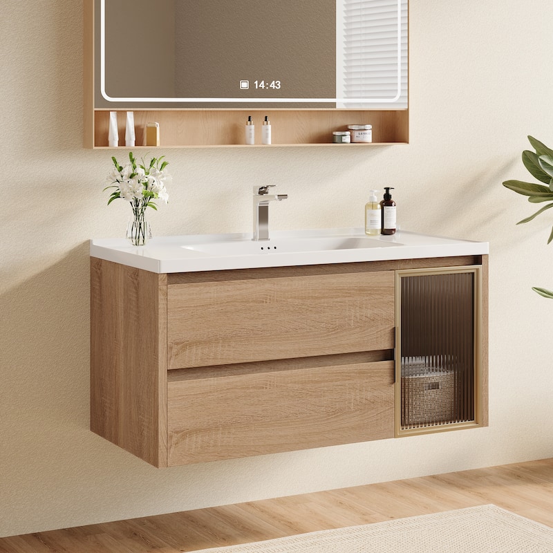 35.8" Single Bathroom Vanity with Sink, Glossy Stone Table top, Not Assembled need - 36"