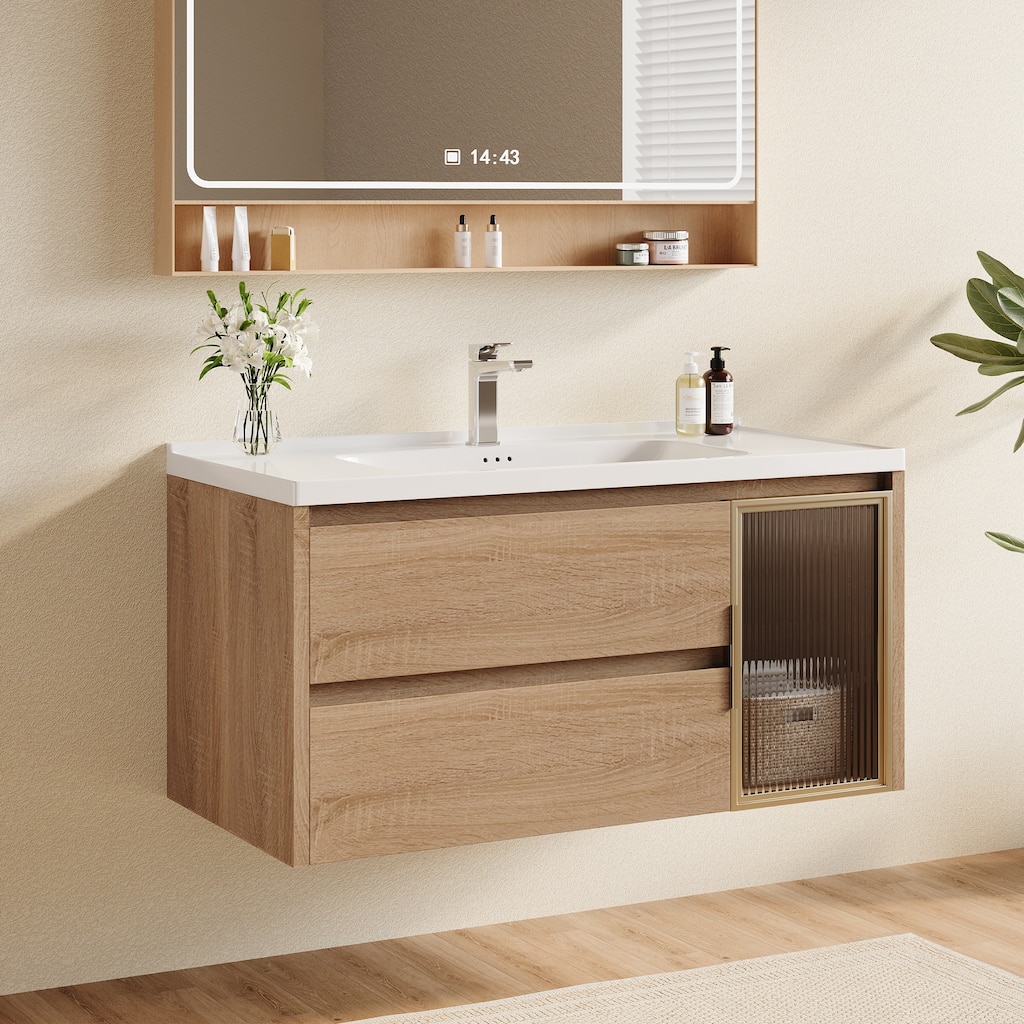 35.8" Single Bathroom Vanity with Sink, Glossy Stone Table top, Not Assembled need - 36"