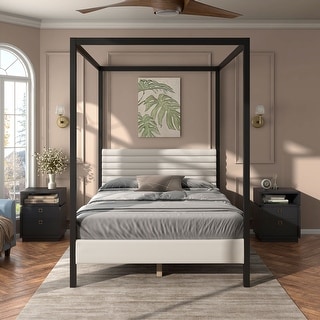 247 Shop At Home Modern Metal Canopy Queen Platform Bed with Channel Tufted Upholstered Headboard