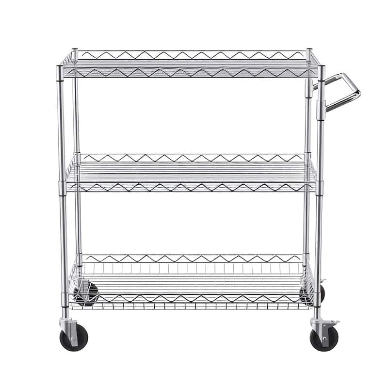 Silver Chrome Steel 3-Tier Utility Cart Rolling Cart with Wheels and Adjustable Shelves - 30" L x 18" W x 32.4" H
