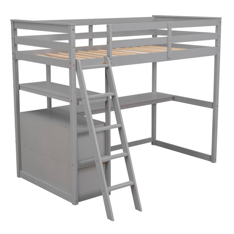 Twin Size Loft Bed with Desk, Shelves, and Two Drawers in Gray