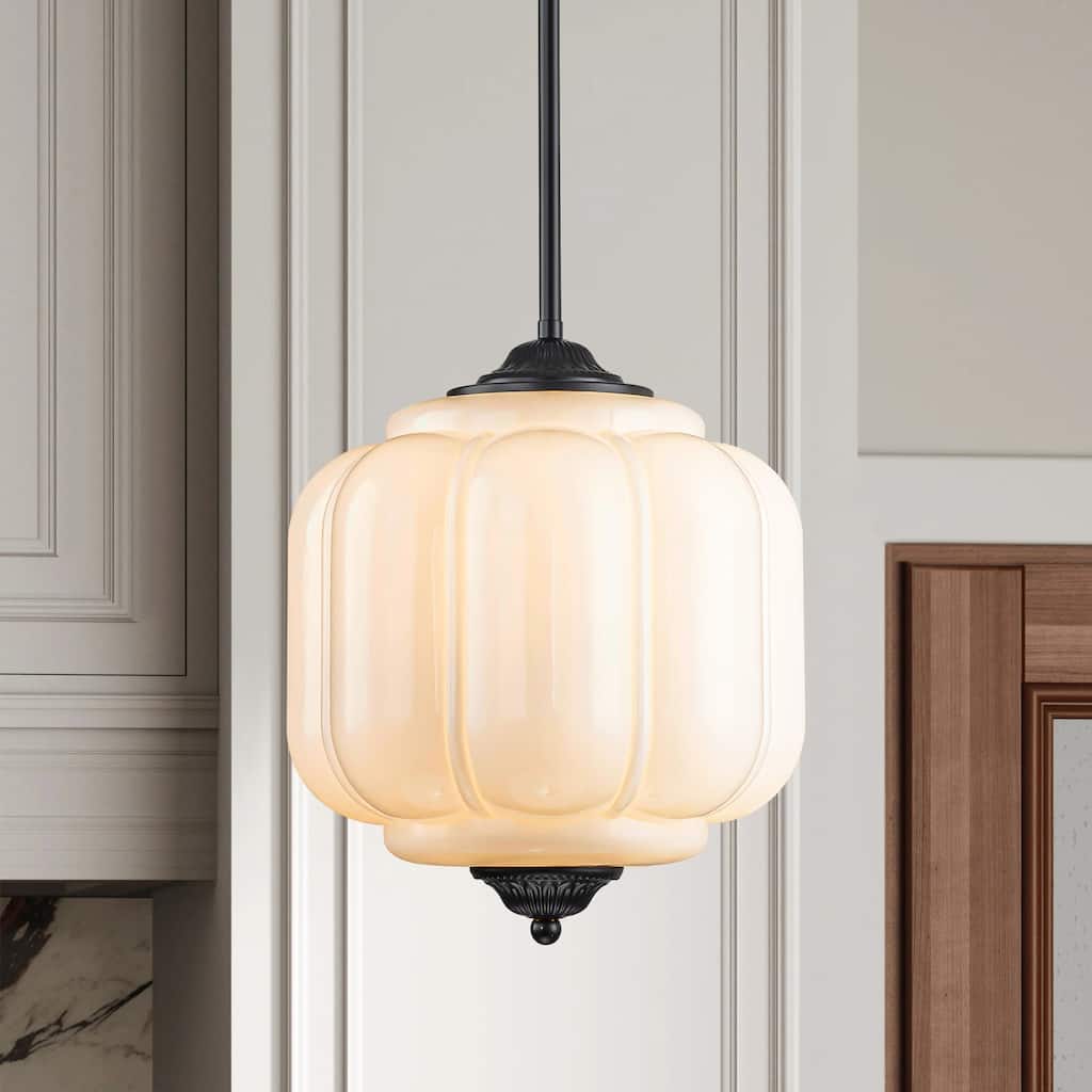 Eloise 1-Light Vintage Pumpkin-Shaped Matte Black Pendant Light with Milk Glass Shade for Hallway or Living Room