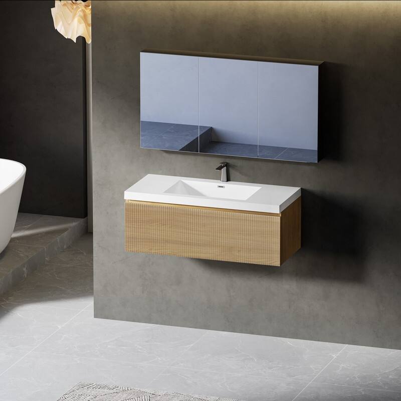 ABRUZZO Floating Vanity with Integrated Top Sink Soft-Close Wall-Mount Bathroom Cabinet - 36" - Natural Oak