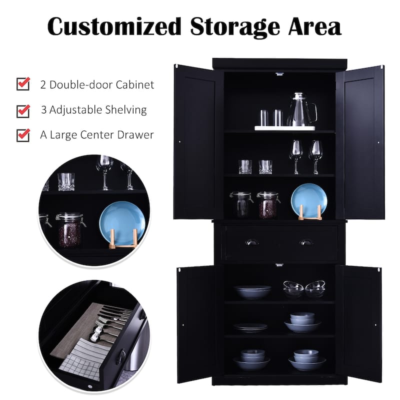 HOMCOM 72" Traditional Freestanding Kitchen Pantry Cupboard with 2 Cabinet,Drawer and Adjustable Shelves - N/A