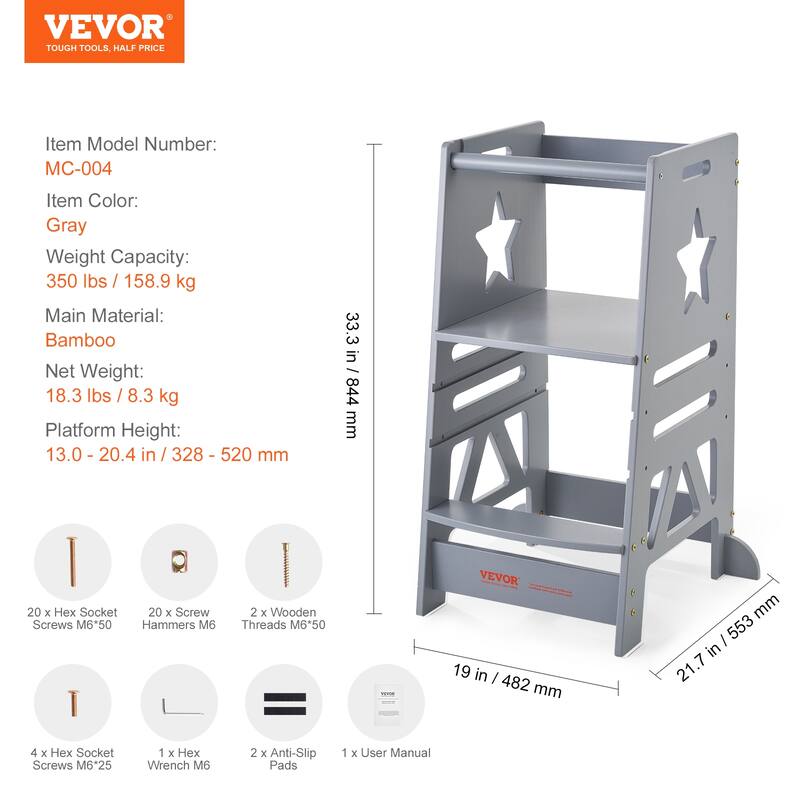 VEVOR Tower Step Stool, 3-Level Height Adjustable Toddler Step Stools for Kids, Stool with Safety Rail