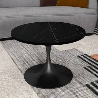 LeisureMod Verve 27" Round Coffee Table with Sintered Stone TableTop and Black Steel Base for Living & Bedroom