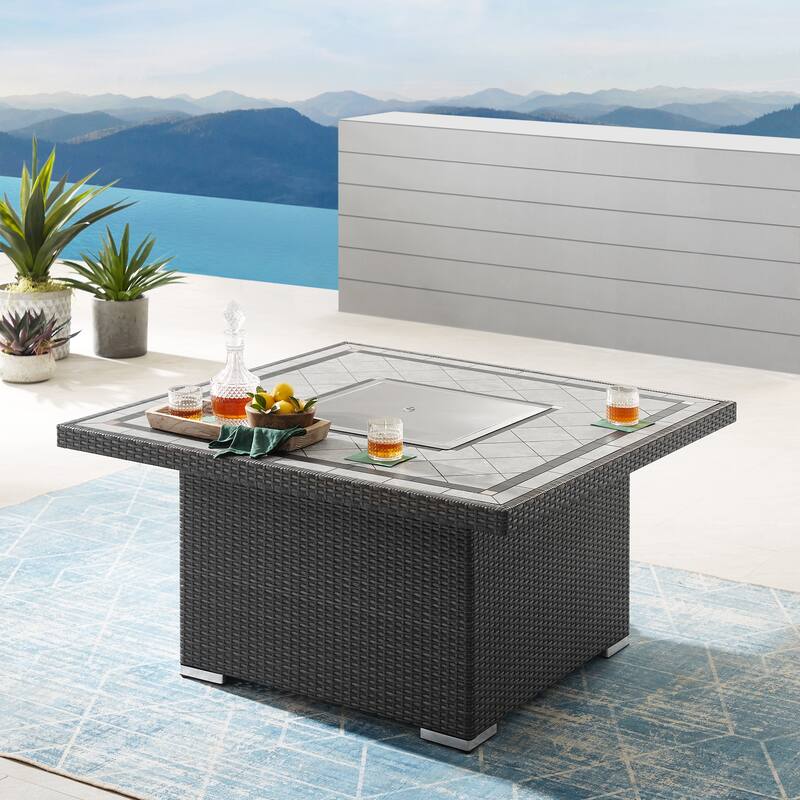 Corvus Duff 1-piece Square Wicker Patio Fire Pit Table with Ceramic Tile Top and Lid