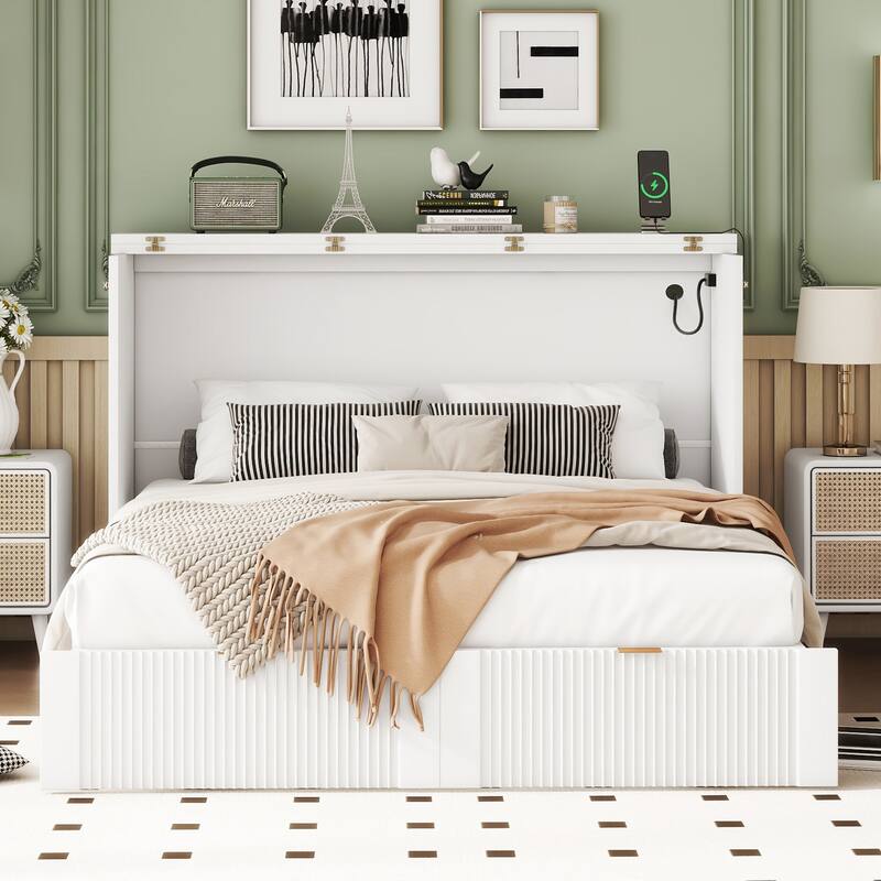 Space-Saving Full Size Murphy Bed with Pulley Structure, USB Ports, and Storage Drawer - Easy-to-Use Wall Bed