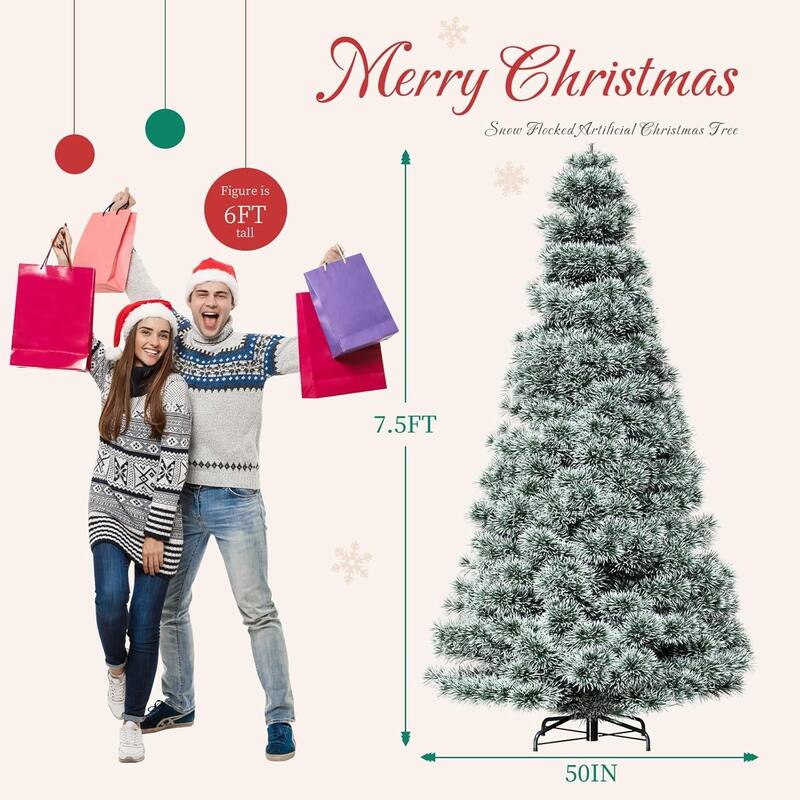 7.5ft Pre-lit Artificial Christmas Tree, Prelighted Artificial Hinged Spruce Xmas Tree 1000 Branch Tips, 450 Incandescent Lights