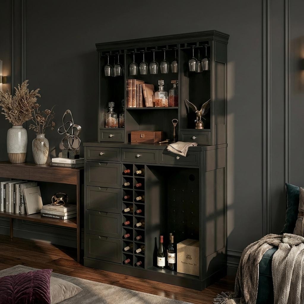 Coffee Bar Cabinet with Fridge Space, Black Buffet Cabinet with Wine Storage, 9 Drawers Kitchen Sideboard with Glass Holder