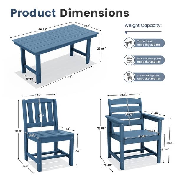 dimension image slide 1 of 3, 7-Piece HDPE Outdoor Dining Set 66.9''L Table with 6 Chairs