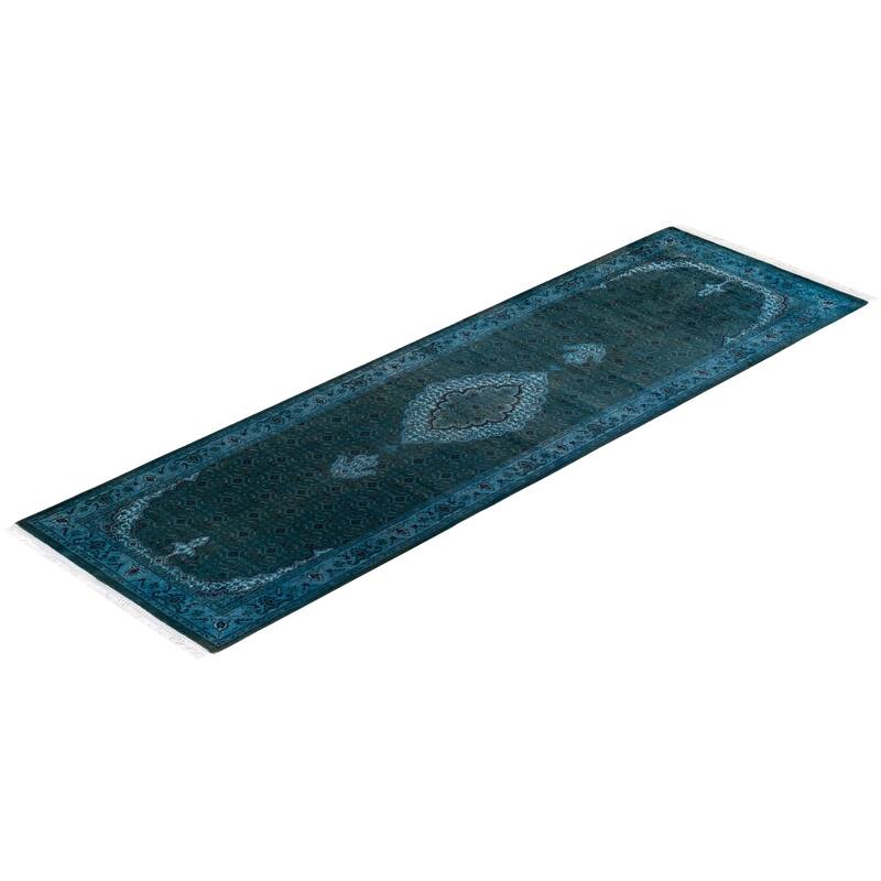 Overton Hand Knotted Wool Vintage Inspired Modern Contemporary Overdyed Blue Runner Rug - 2' 6" x 8' 6"