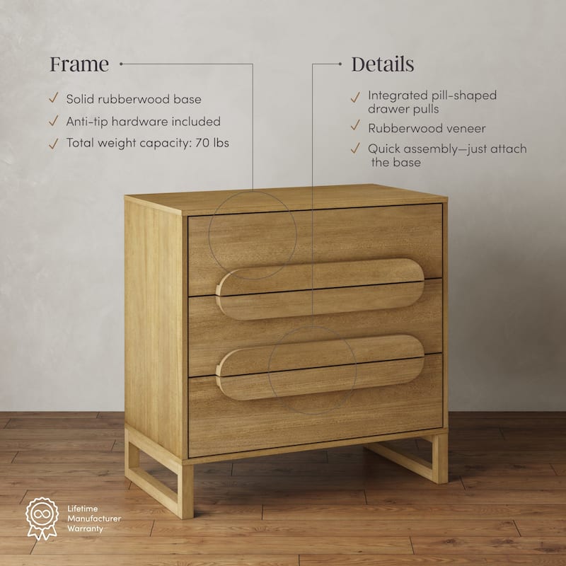 Novi Organic Modern 3 Drawer Wood Dresser for Bedroom with Integrated Handles