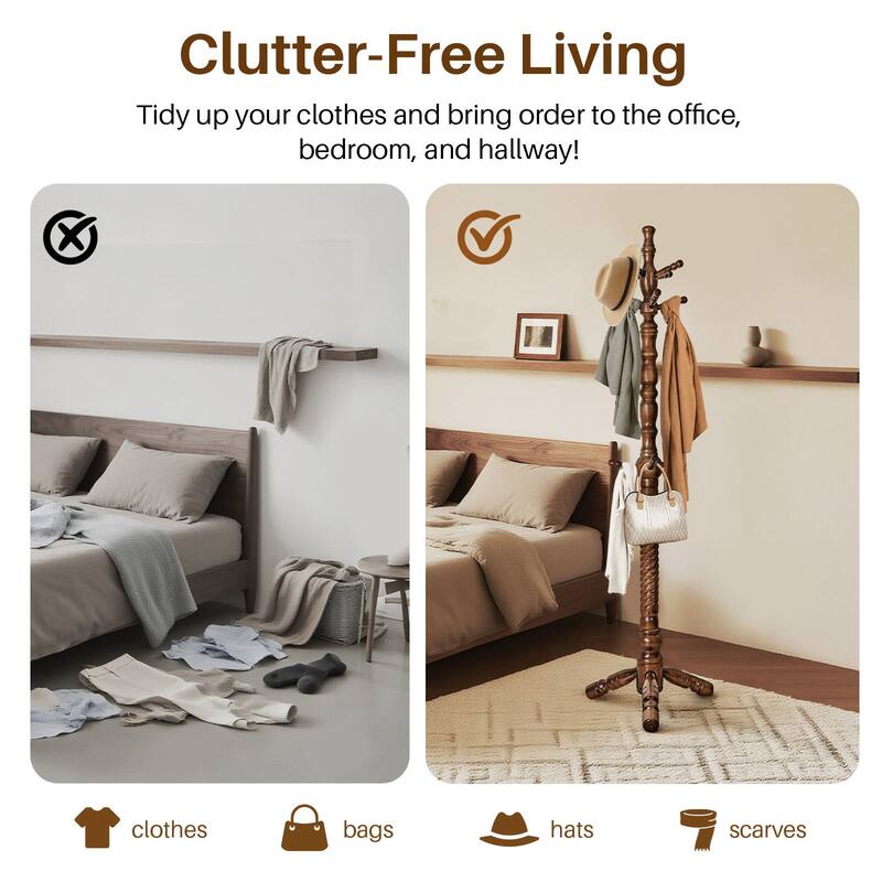 74.4" Solid Wood Coat Rack Freestanding, Coat Tree Stand with 11 Hooks - 74.4"H x 20.9"W