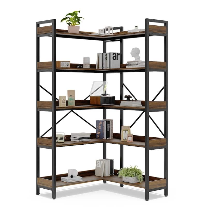 5-Tier Industrial Corner Bookshelf with Wood Shelves