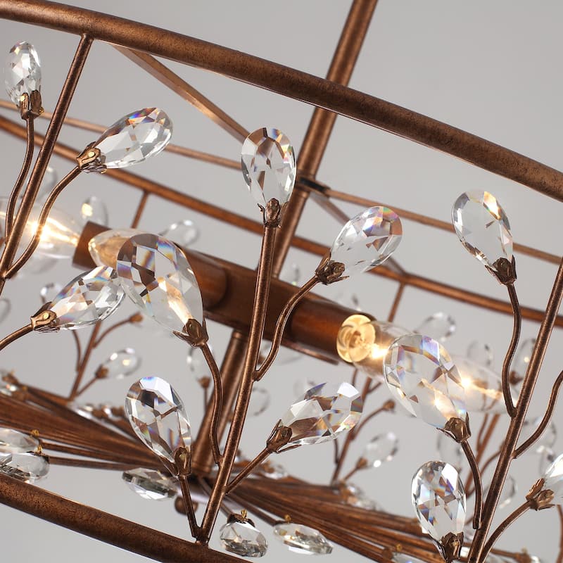 Rustic Antique Bronze Crystal Drum Chandelier for Dining Room - W23.62"