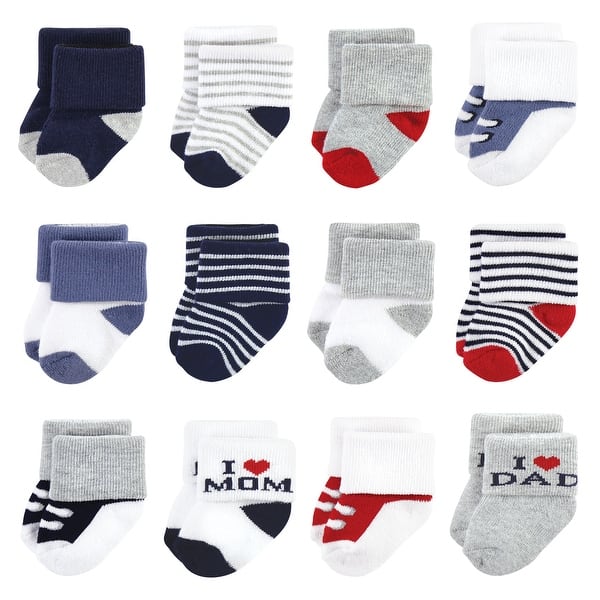 slide 1 of 1, Hudson Baby Infant Boy Cotton Rich Newborn and Terry Socks, Mom Dad Boy Navy Red 6-12 Months - Mom Dad Boy Navy Red