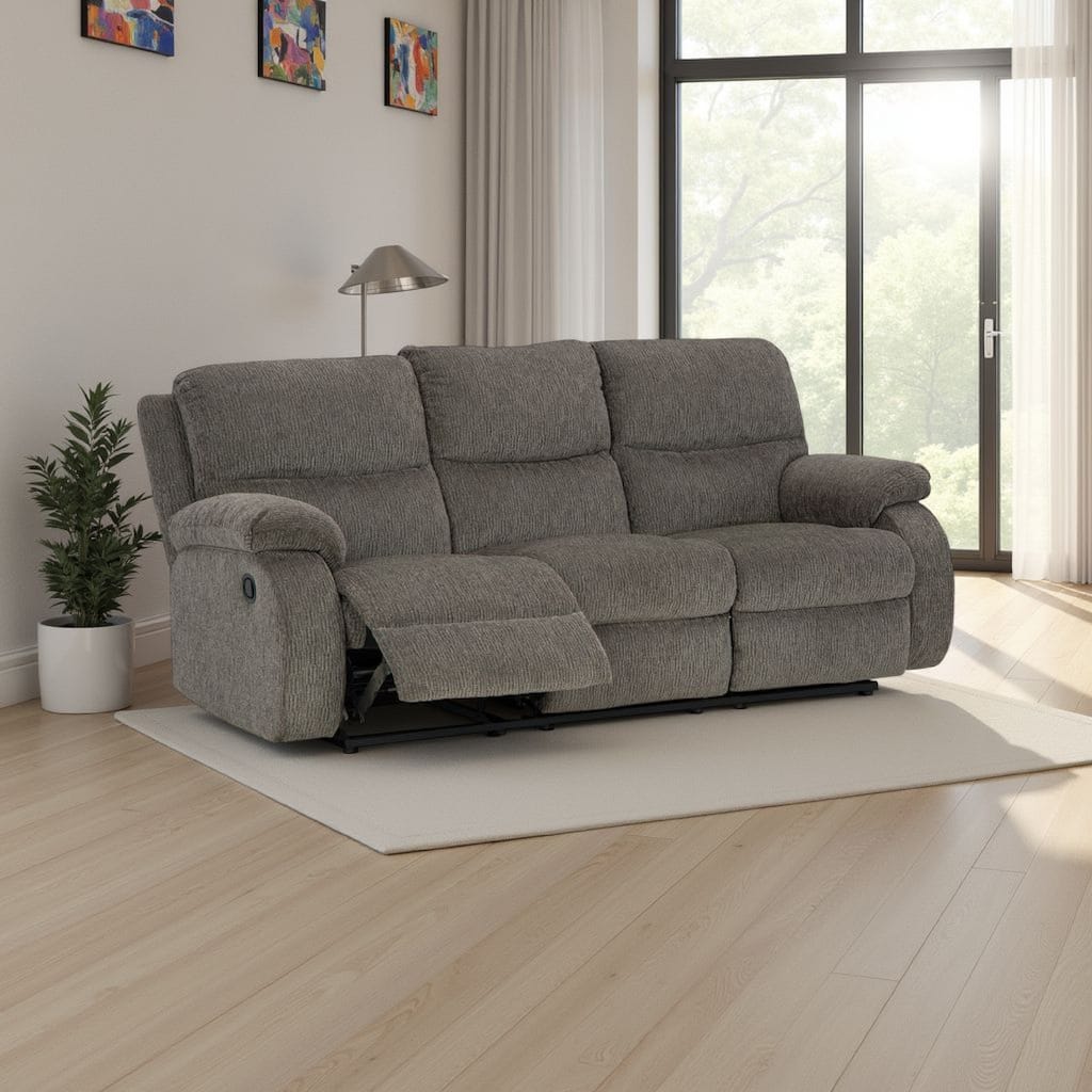 Lyla Manual Recliner Sofa with Bustle Back, Gray Polyester 86 Inch
