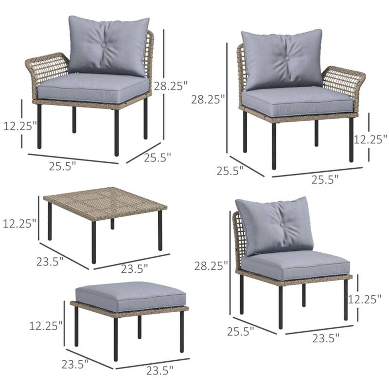 5-Piece Outdoor Patio Furniture Set PE Rattan Chairs Stool and Coffee Table with Cushions for Garden Balcony Porch