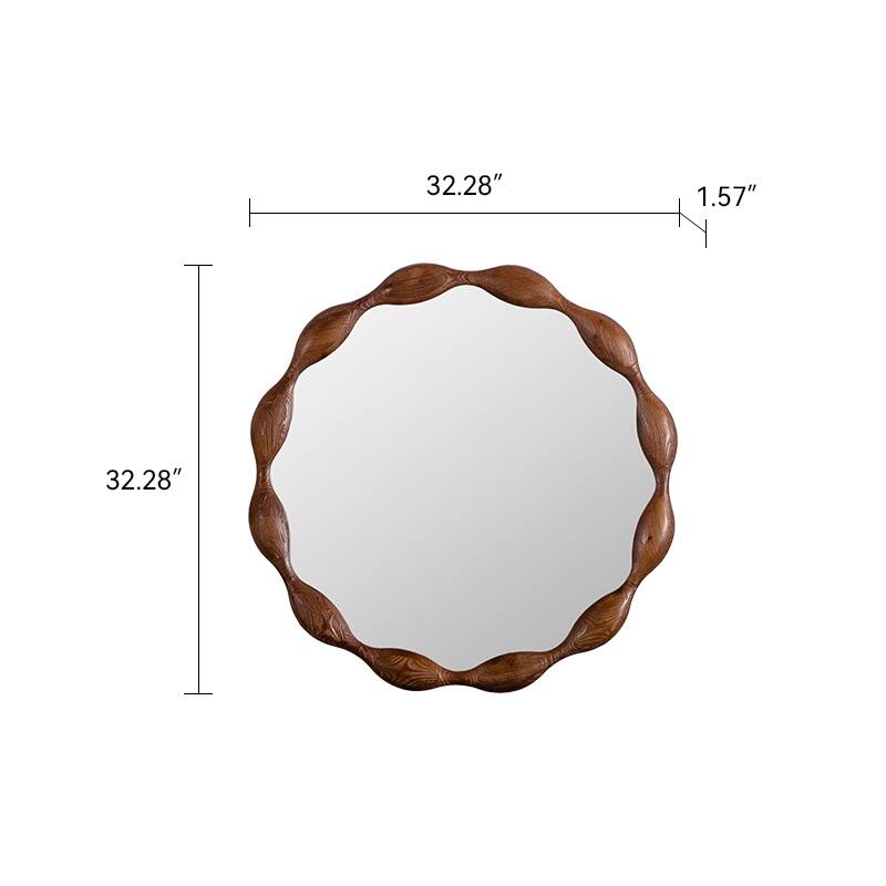 32.28" Solid Wood Round Mirror, Rustic Farmhouse Wavy Irregular Decorative Wall Mirror - Walnut