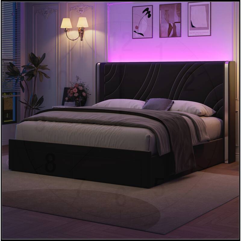 Velvet LED Bed Frame with Storage Drawers - Black - Queen