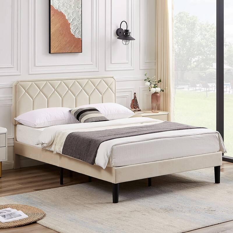 VECELO 3-Pieces Upholstered Platform Bed Frame with Adjustable Headboard and Nightstands Set of 2, Beige