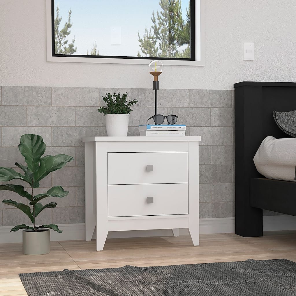 White Nightstand with Two Drawers and Four Legs
