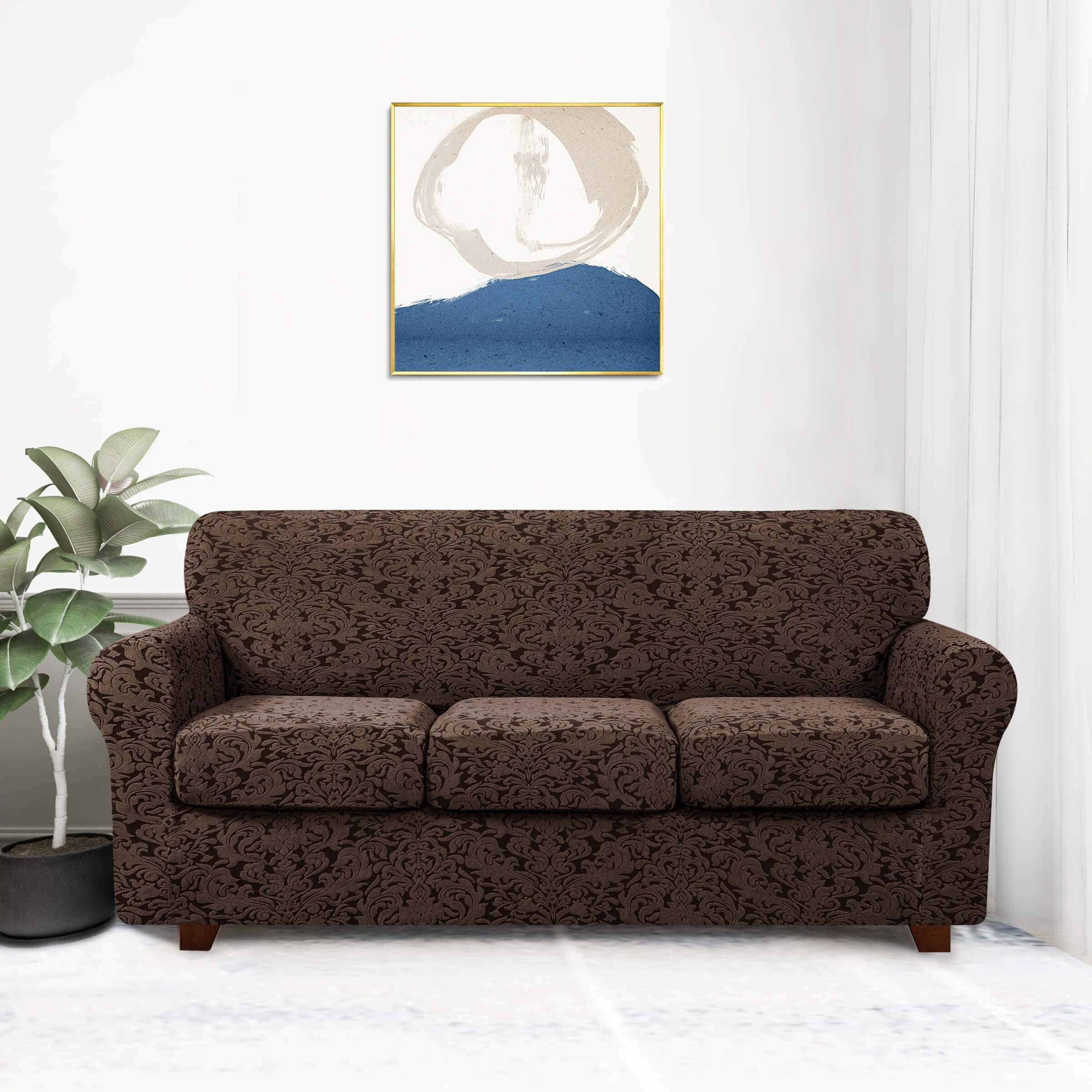 Loveseat, Burgundy Jacquard Sofa Cover for Loveseat 1 Piece Burgundy Couch Covers for Living Room Loveseat Slipcovers with Elastic Bottom Furniture Protector Cover for Leather Sofa and Couch