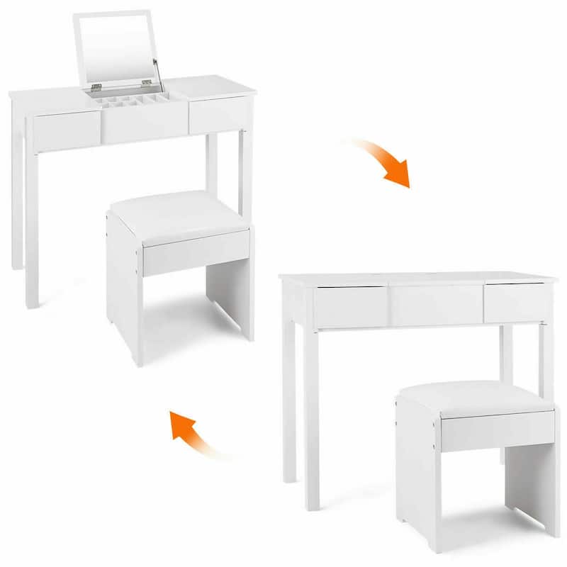 Costway White Vanity Dressing Table Furniture Stool Storage Box